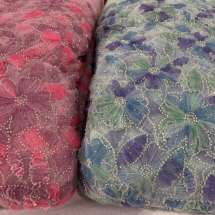 Net Fabric with Heavy Applique Multicolour Floral & Cutdana Bead Work