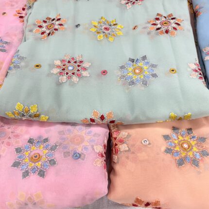 Pure Viscose Georgette Fabric with Multicolor Thread, Sequins & Faux Mirror Work