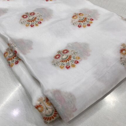 Dola Silk Dyeable Fabric with Multicolor Floral Butti – Perfect for Festive & Casual Wear