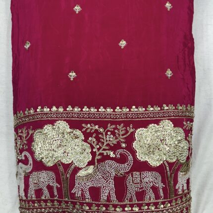Pure Natural Crepe Handwork Fabric with Heavy Elephant Border