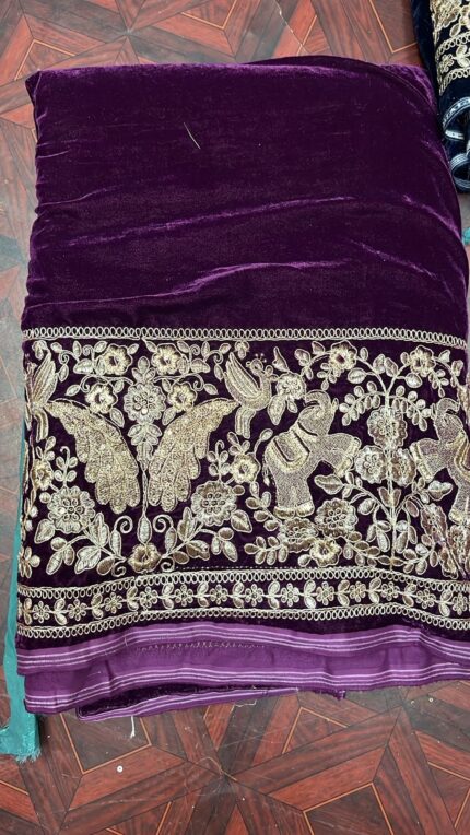 Velvet 9000 Embroidered Fabric with Elephant & Floral Panel – Festive & Wedding Wear