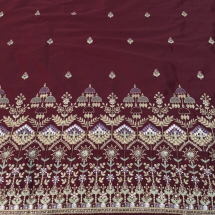 Malai Satin Fabric with Heavy Panel Embroidery | Off-White & Wine Shades