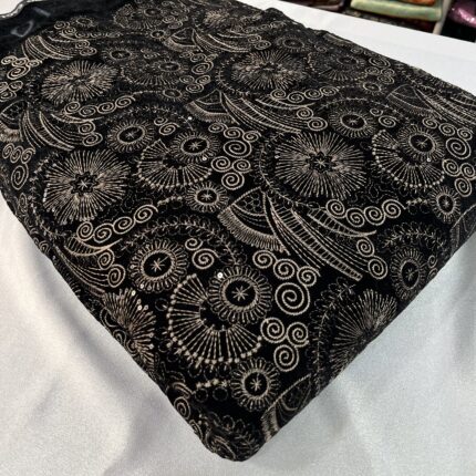 Velvet 9000 Black Fabric with Allover Golden Embroidery – Luxury Wedding & Party Wear