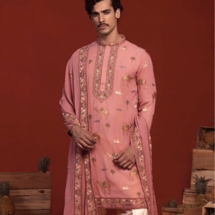 Pure Georgette Men’s Kurta Precut Set | Rajasthani Camel Design | Peachish Pink