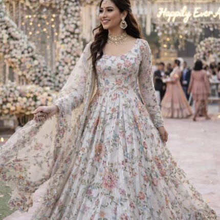 Pure Zari Tissue Fabric with Real Mirror Work & Multicolor Floral Design