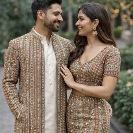 Premium Designer Net Fabric with Allover Lining Embroidery & Mirror Handwork