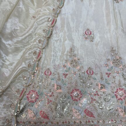 Pure Zari Tissue Handwork Dyeable Fabric with Multicolor Floral Panel & Matching Dupatta