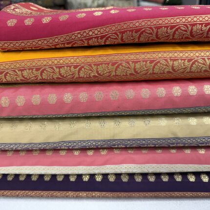 Pure Banarasi Stripe Print Fabric with Multicolor Butti Work