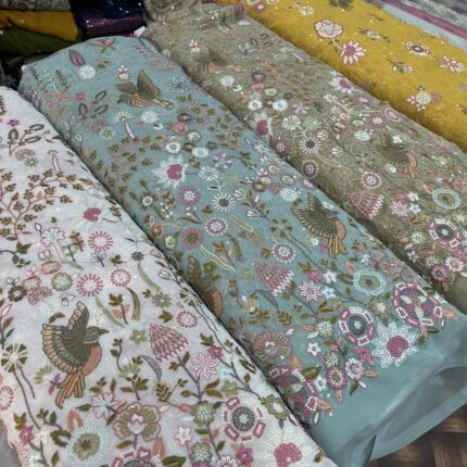 Pure Viscose Georgette Heavy Embroidery Fabric – Floral & Bird Panel Designer Work (Festive Special)