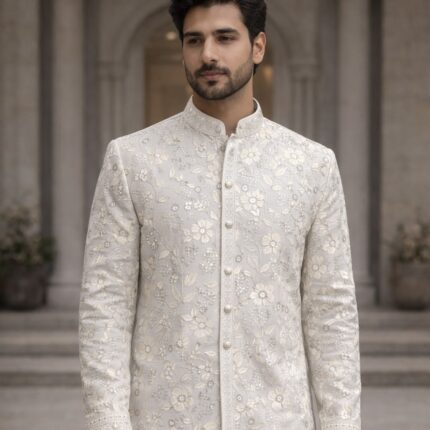 Premium Viscose Georgette Fabric with Fusing – Heavy Floral Embroidery & Sequins Panel Work