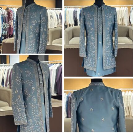 Premium Donear Satin Indo-Western Fabric Set – Classy Grey Designer Outfit for Men