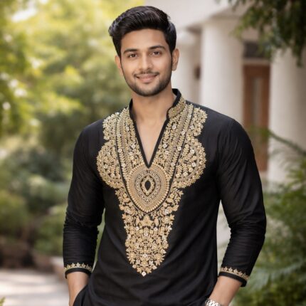 Premium Black BB Silk Kurta Fabric with Golden Embroidery – Designer Menswear Collection