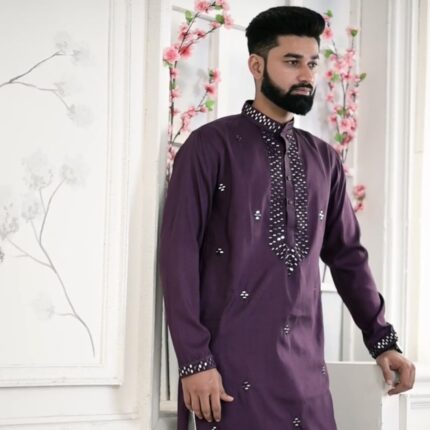 Cotton Slub Kurta Precut Fabric with Real Mirror Work – Festive Designer Menswear