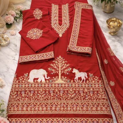 Trending Elvish Style Red Kurta Fabric with Dupatta – Heavy Embroidered Designer Menswear