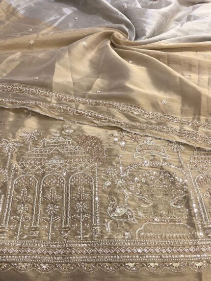 Premium Viscose Metal Tissue Fabric – Peacock Handwork Panel Designer Collection