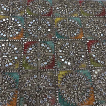 Premium Viscose Net Dyeable Fabric – Multicolor Circle Embroidery with Faux Mirror Work