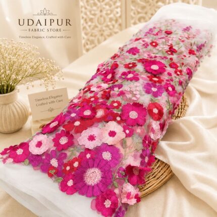 Premium Imported Net Fabric in White – Multicolor Floral Appliqué Designer Collection