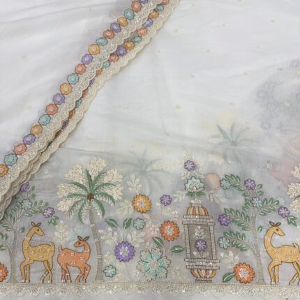Premium Viscose Mul Chanderi Fabric – Multicolor Embroidery & Panel Work Designer Collection