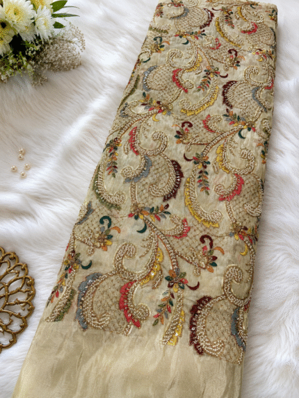 Royal Abstract Luxe Collection – Premium Zari Tissue Dyeable Fabric with Handwork, Beads & Multicolor Embroidery