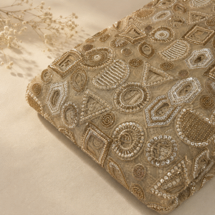 Luxury Designer Net Fabric with Handwork Cutwork & Beads – Golden Couture Collection
