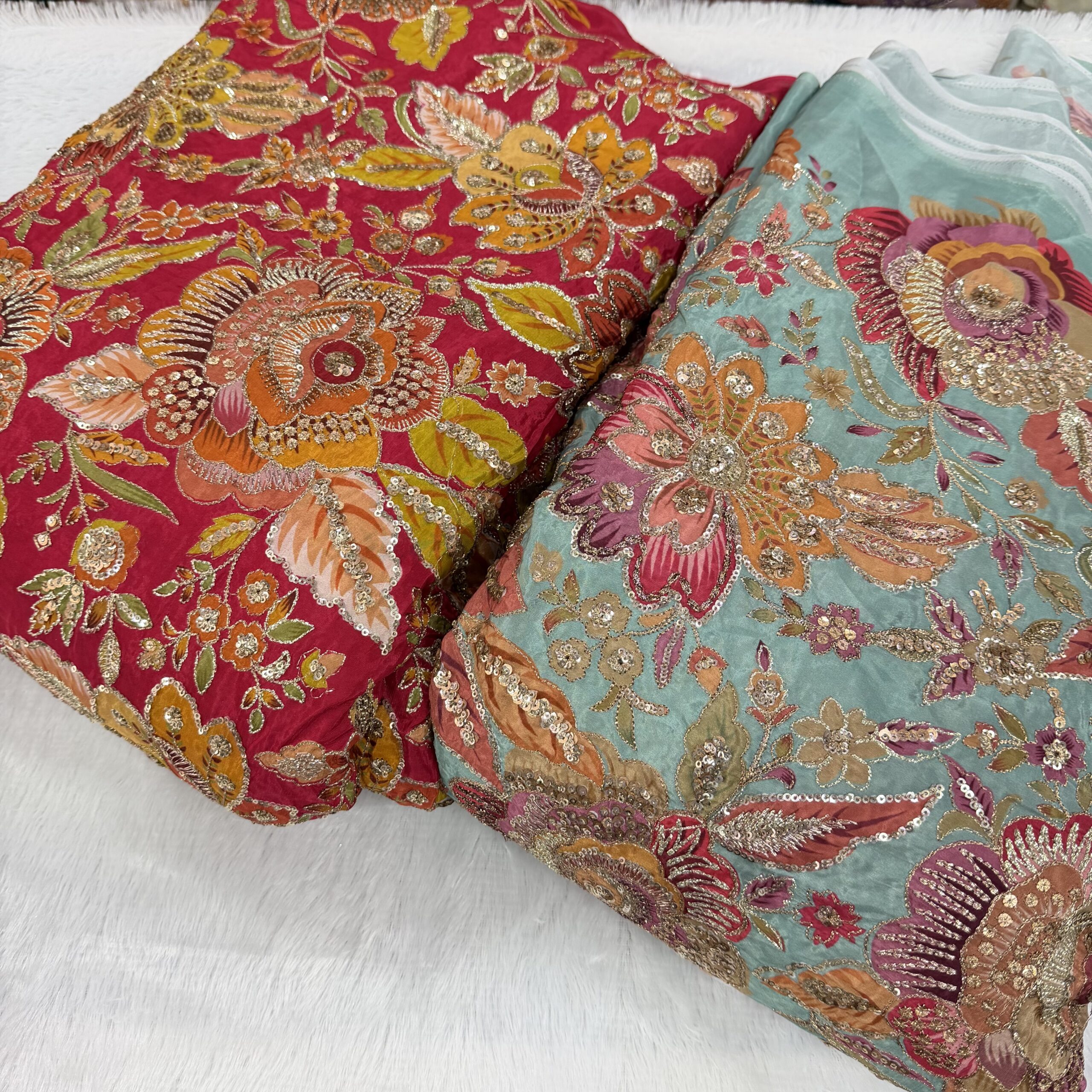 Royal Bloom Collection – Premium Viscose Crepe Position Work Fabric with Heavy Sequins & Zari Embroidery