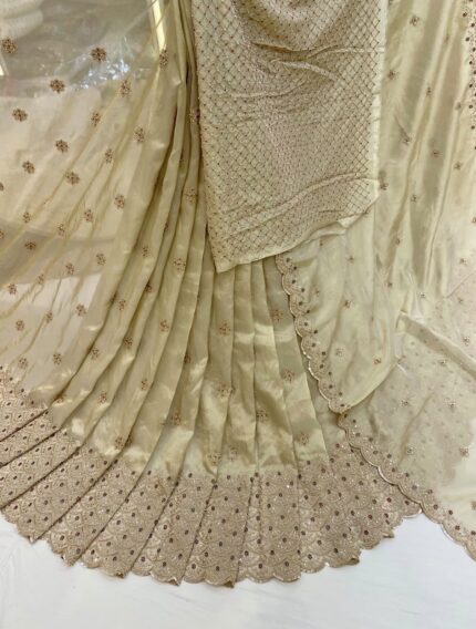 Royal Meenakari Heritage Collection – Premium Handwork Zari Tissue Fabric with Cut Dana, Sequins & Red-Green Stone Work