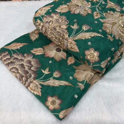 Royal Bloom Couture Collection – Premium Viscose Crepe Fabric with Heavy Floral Beads, Cutdana & Zari Work
