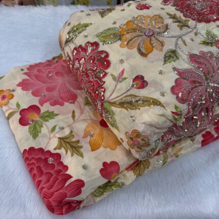 Royal Bloom Couture Collection – Premium Viscose Crepe Fabric with Heavy Floral Beads, Cutdana & Zari Work