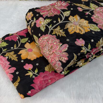 Royal Bloom Couture Collection – Premium Viscose Crepe Fabric with Heavy Floral Beads, Cutdana & Zari Work
