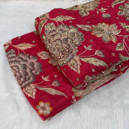 Royal Bloom Couture Collection – Premium Viscose Crepe Fabric with Heavy Floral Beads, Cutdana & Zari Work
