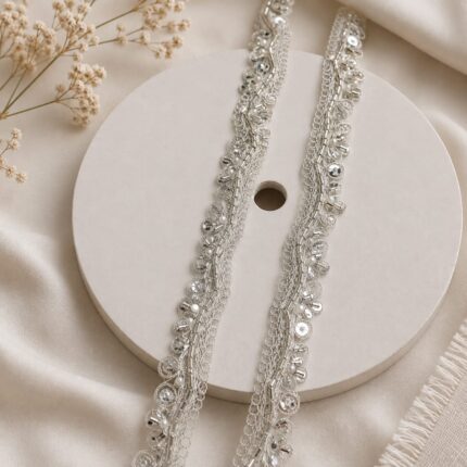Premium Silver Designer Lace Border with Pipe, Beads & Sequins Work
