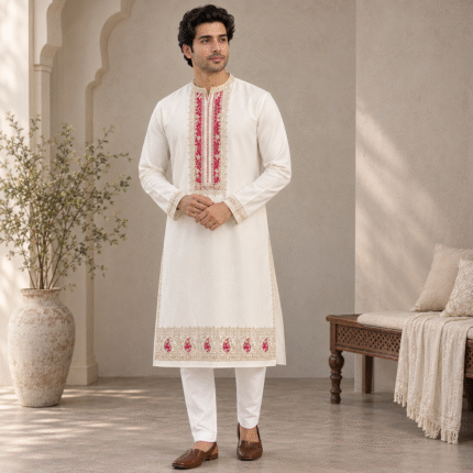 Premium Men's Kurta Fabric with Gota Patti & Pink Bandhani Neck Design