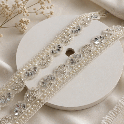 Premium Silver Designer Lace Border with Moti, Stone & Mirror Work