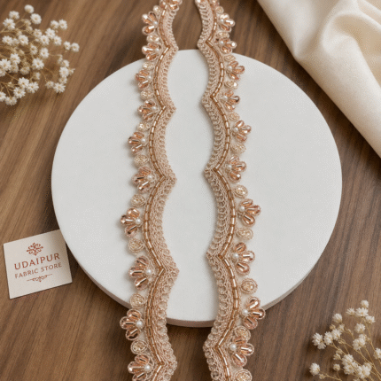 Premium Rose Gold Designer Lace Border with Pipe, Beads & Sequins Work