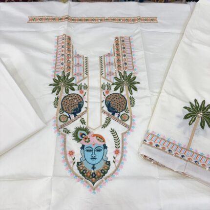 Premium Men's Kurta Fabric with Krishna Ji Neck Embroidery & Sleeve Work