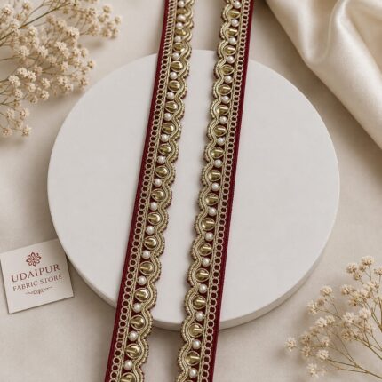 Premium Maroon Handwork Beads & Pipe Work Lace