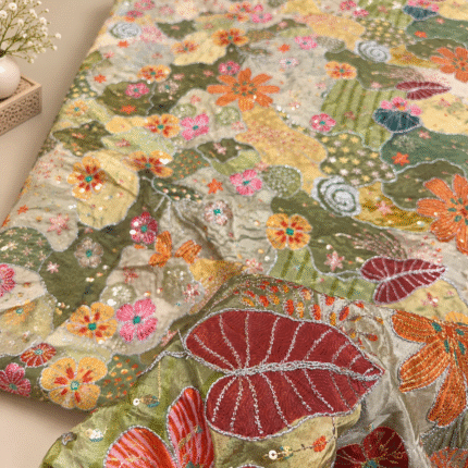 Premium Viscose Crepe Fabric with Multicolor Position Work, Sequins, Zari & Embroidery – Festive Heritage Collection