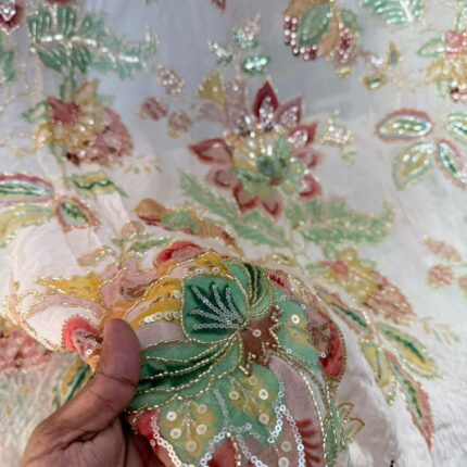 Noor Mahima Floral Organza Fabric – Elegant Designer Handwork Beads Embroidered Collection