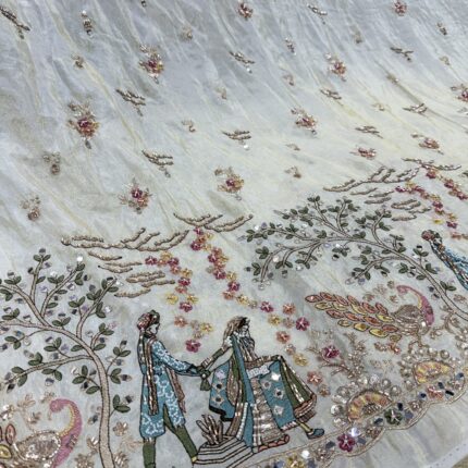Designer Pure Zari Tissue Fabric with Pheras Handwork Design