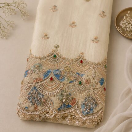 Pure Zari Tissue Dyeable Fabric with Blue Appliqué & Meenakari Panel Work