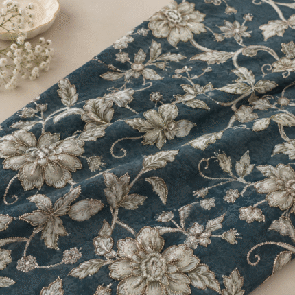 Designer Viscose Crepe Fabric in Slate Green with Floral Cutdana Handwork