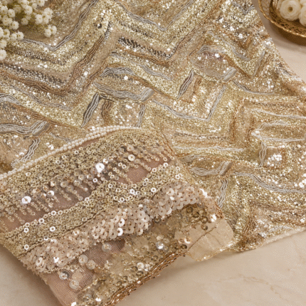 ✨ Premium Designer Net Fabric with Zig-Zag Pattern, Heavy Handwork, Beads & Sequins