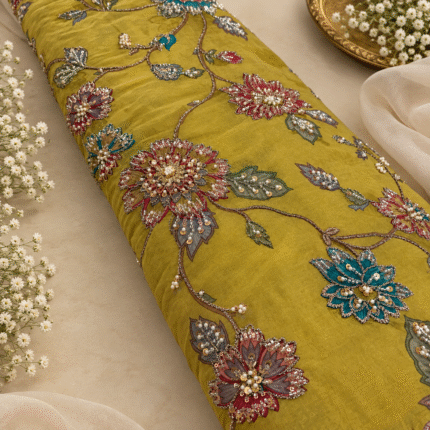 ✨ Premium Viscose Organza Fabric with Floral Handwork, Pearl, Beads & Zari Detailing