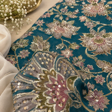 ✨ Premium Teal Blue Viscose Organza Fabric with Floral Handwork, Beads & Cutdana Embellishments