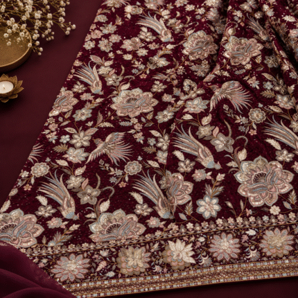 Designer Georgette Fabric in Wine with Heavy Multicolor Embroidery
