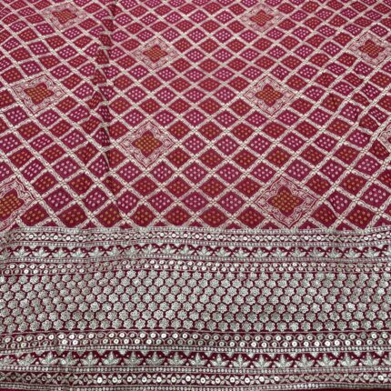 Rani Pink Bandhani Designer Fabric with Broad Panel, Zari & Sequins Work