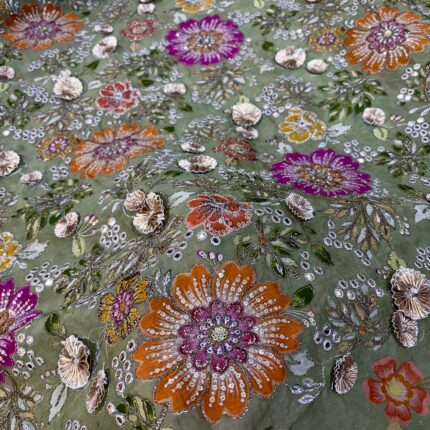 Pista Green Viscose Organza Fabric with Multicolor Floral & Gota Work