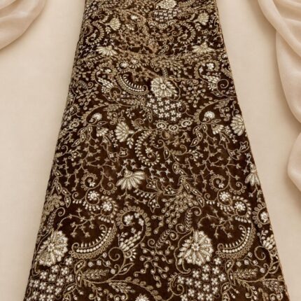 Camel Colour Suede Velvet Fabric with Heavy Coding & Zari Embroidery