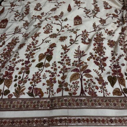 Premium Donear Satin Fabric in Cream with Multicolour Animal & Tree Motifs